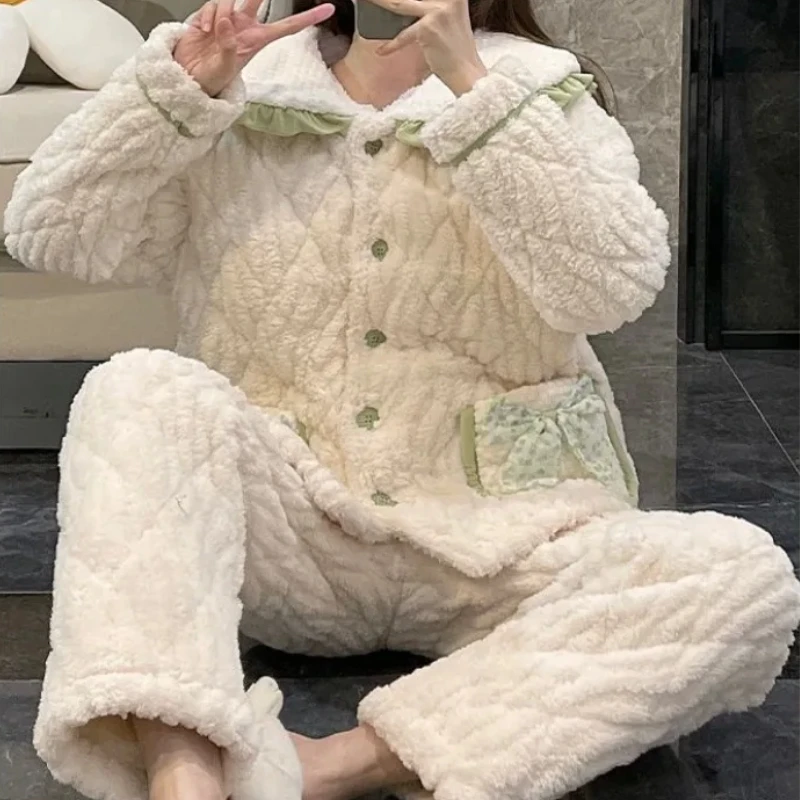 2024 New Triple Layered Cotton Jacket Coral Velvet Pajamas Women Autumn Winter Thicken Plush Loungewear Sweet Cute Warm Homewear