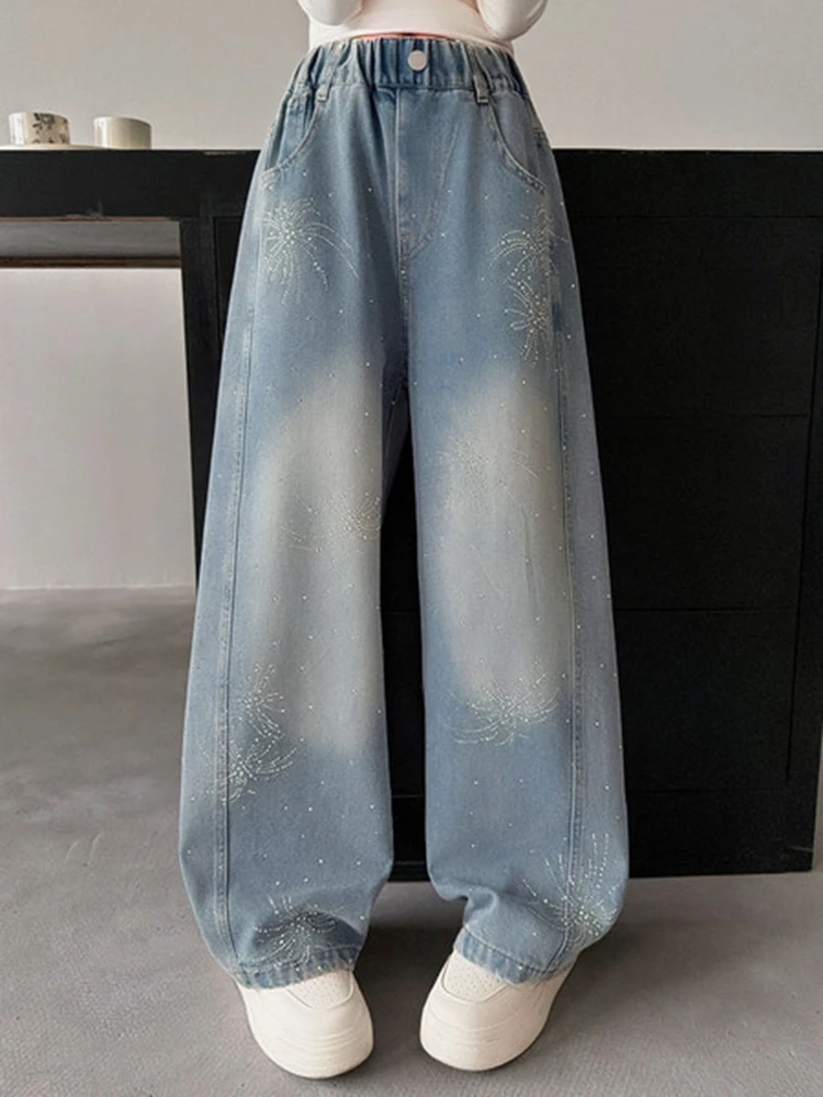 Teenager Girls Rhinestone Wide-Leg Jeans Kids Casual Denim Pants Knee Fading Design Spring/Autumn Casual Trousers 4-14 Years