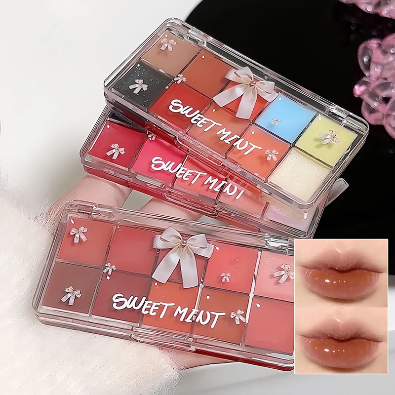 10 トーンゼリーリップグロスパレットミラー水光保湿透明赤紫着色ふっくら DIY 口紅プレートメイクアップ