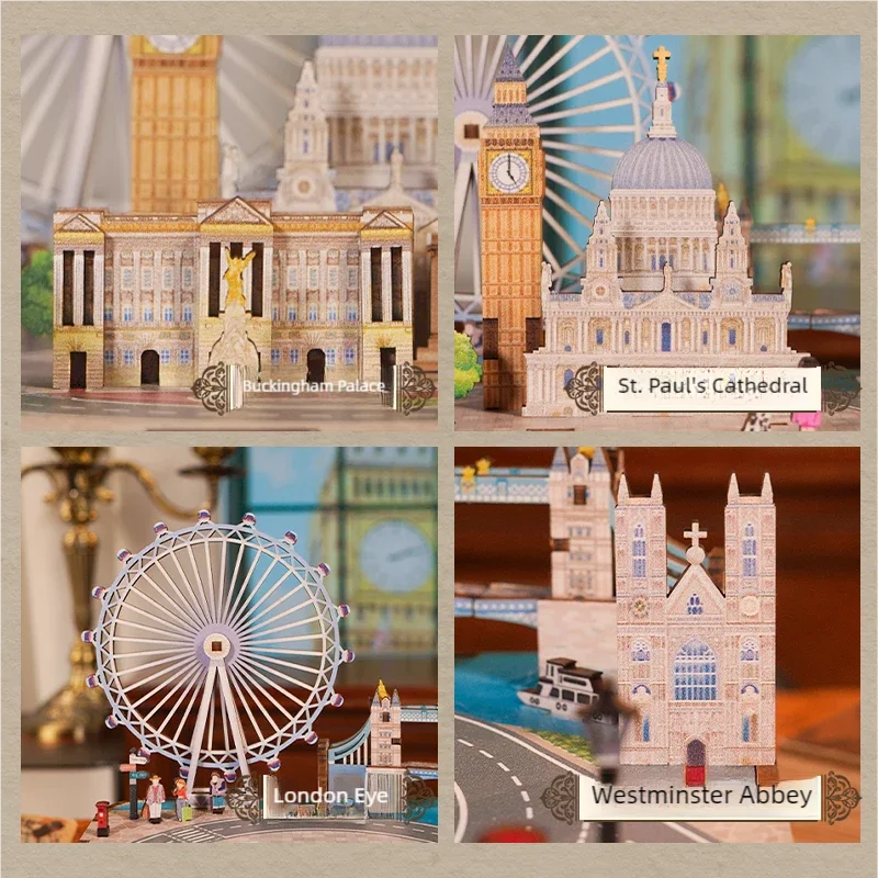 3D London-Landschaft Spieluhr für Erwachsene, DIY-Spielzeug-Bausatz, Rotierendes Riesenrad, Touristenbus, Brücke, Bausteine, Geburtstagsgeschenk