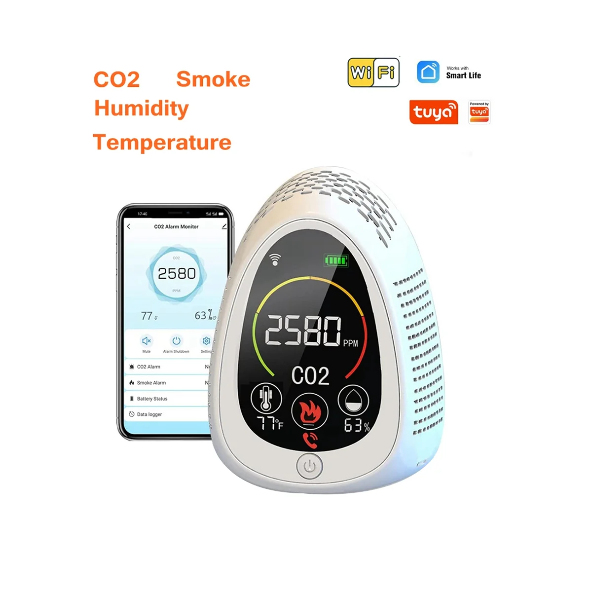 5 in 1 Tuya Air Quality Monitor Photoelectric Carbon Dioxide Detector Fire Alarm CO2 Temperature Humidity Detector-B