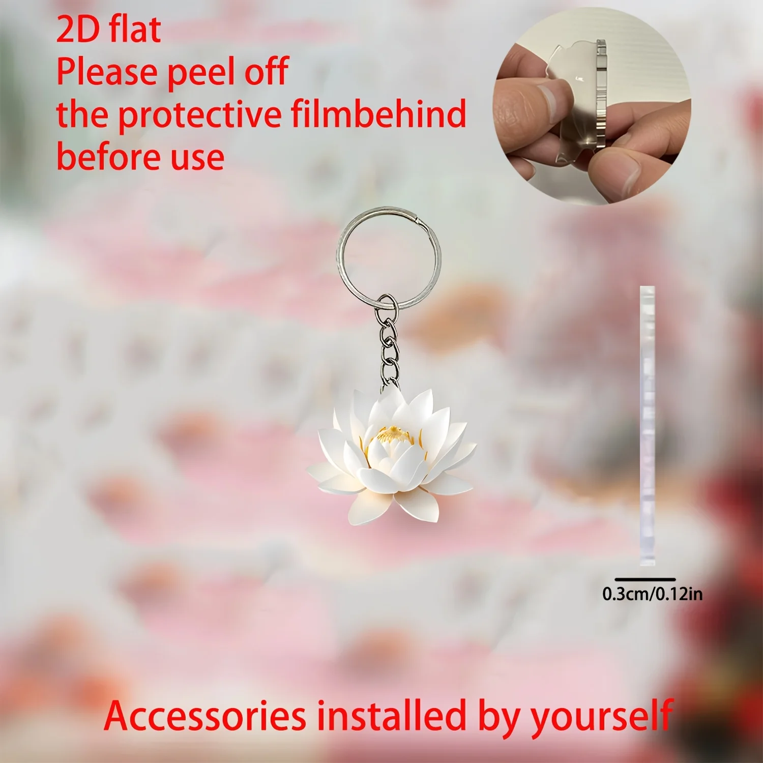 Porte-clés Lotus blanc 2D, pendentif élégant, ornement plat suspendu en acrylique pour cadeau, sac à dos, clés de voiture, décoration de maison, fête