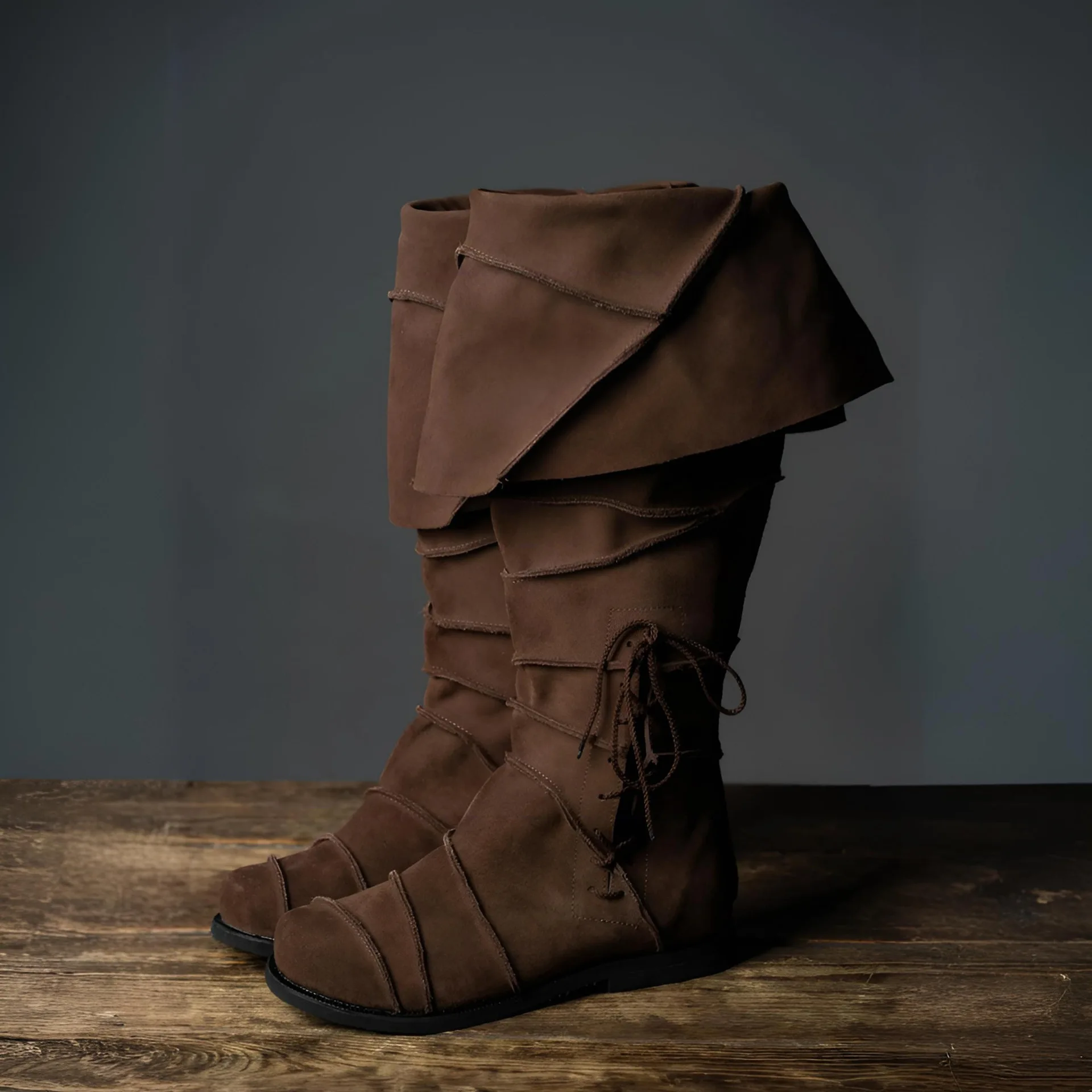 Herren Renaissance Vintage Braune Stiefel Cosplay Halloween Piraten Steampunk Ritterstiefel Niedriger Absatz Hohe Stiefel Kostüm 2026 – Detail 3