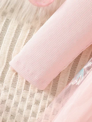 Helles, rosa Tüll-Tutu-Kleid für kleine Mädchen mit Schneeflocken-Stickerei, Rundhalsausschnitt, Rüschenärmel, ideal für festliche Anlässe. – Detail 6