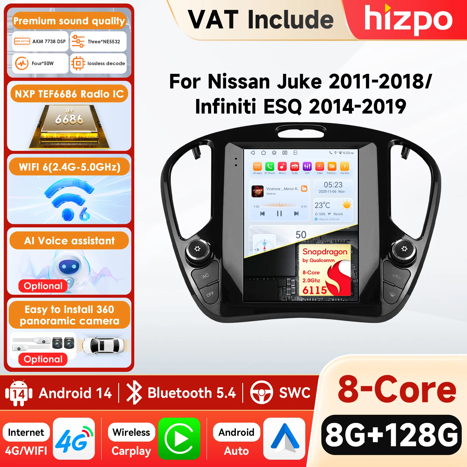Système multimédia automobile 9.7 Tesla Style 6115 AI 4G Carplay Android Auto pour Nissan Juke 2011-2018, navigation GPS, stéréo WIFI RDS