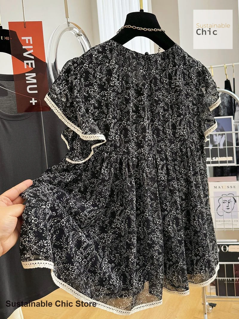 French age-reducing floral ruffled short-sleeved doll shirt holiday chiffon shirt women's summer belly cover top high-end blouse