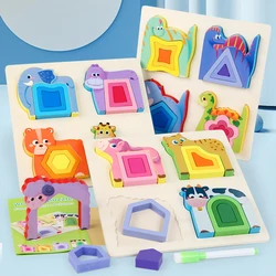 Montessori Animal Jigsaw Puzzle Hand Grasping Nesting Board Wooden Shape Sorting Puzzle Sensory Toys Learning Educational Toys