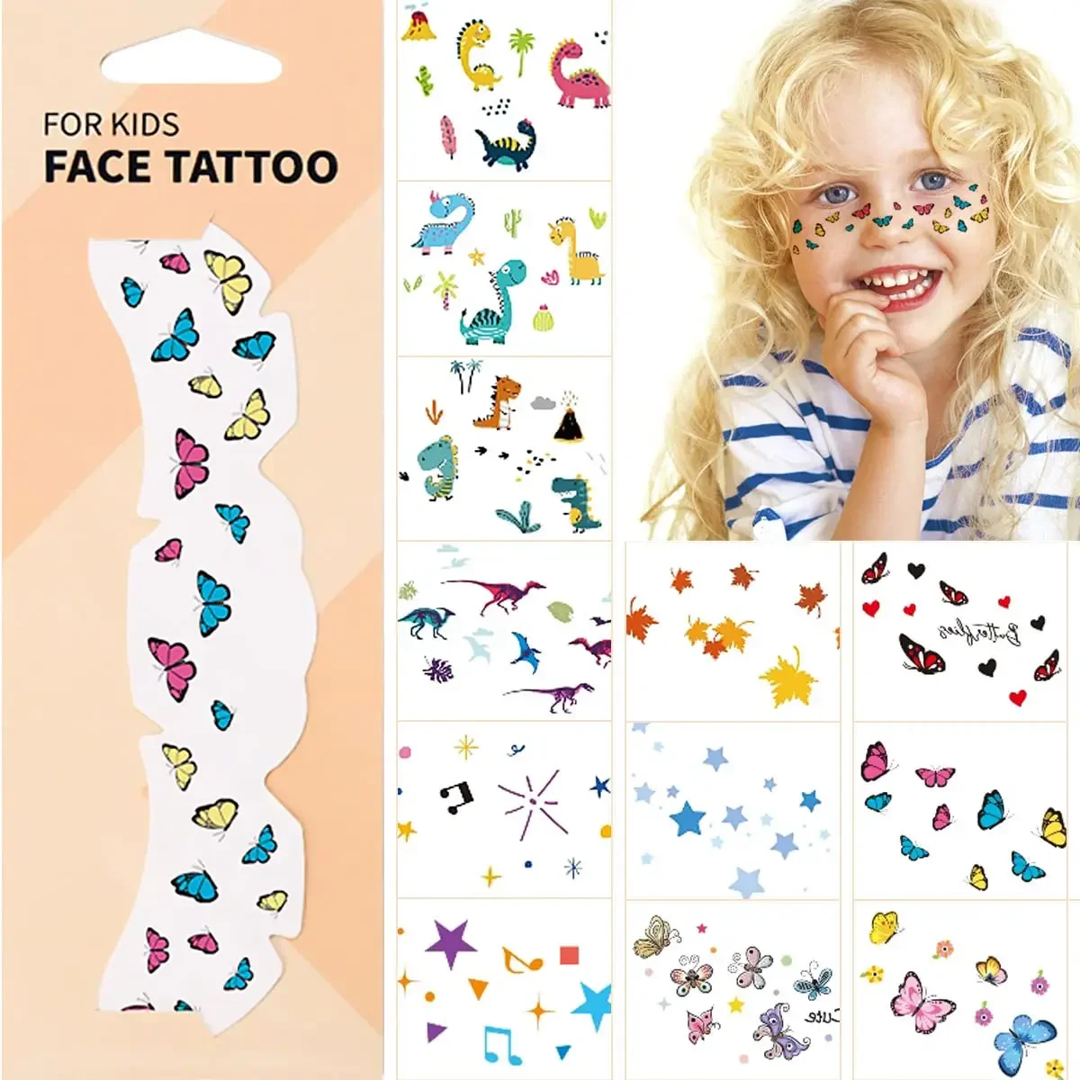 Face Tattoos Temporary for Kids Boys Girls Cute Birthday Party Favors Butterfly Flower Stars Dino Pattern Freckle Stickers