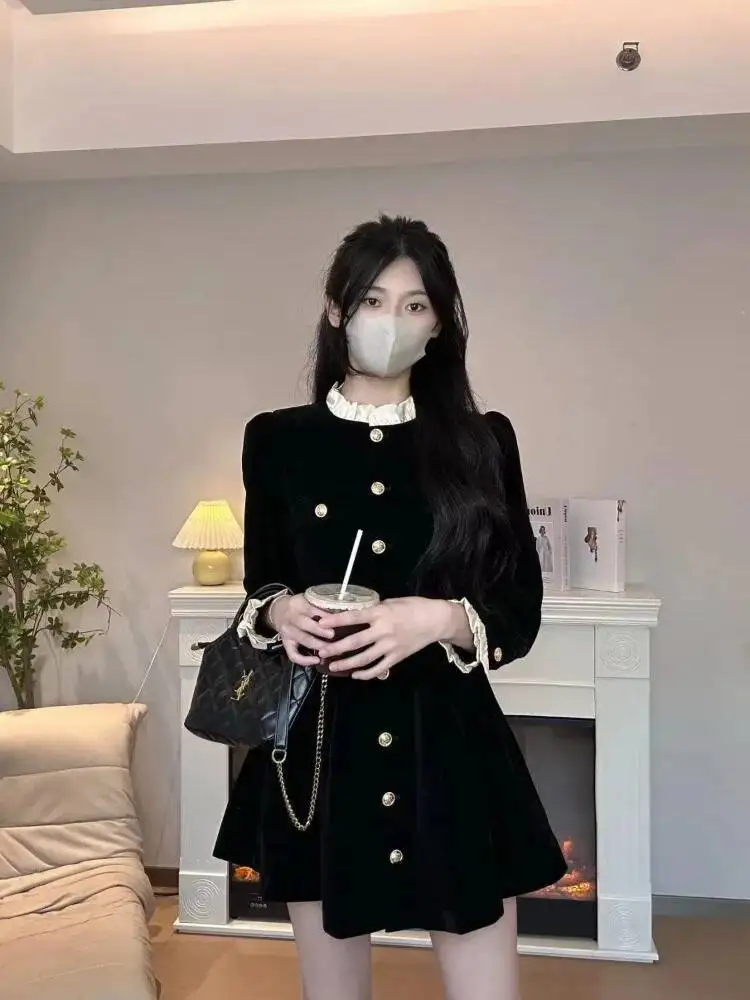 

Preppy Style New Veet For Women High Waist Short Design Sense Solid Black Dress