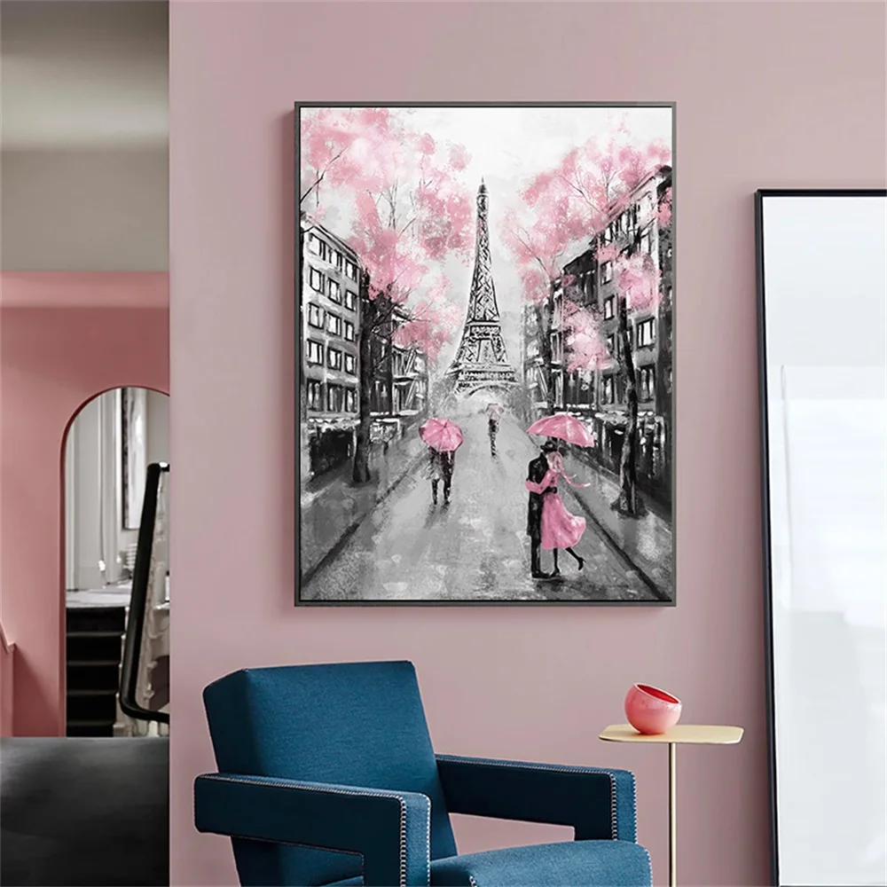 

Pink Romantic City Couple Wall Art Picture Print Abstract Eiffel Tower Landscape Canvas Painting Poster Living Room Home Decor
