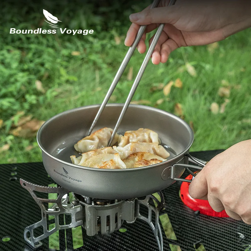 Boundless Voyage Titanium Frying Pan Plate Dish with Folding Handle Ultra-light Camping Picnic Skillet Griddle Tableware Ti2063C