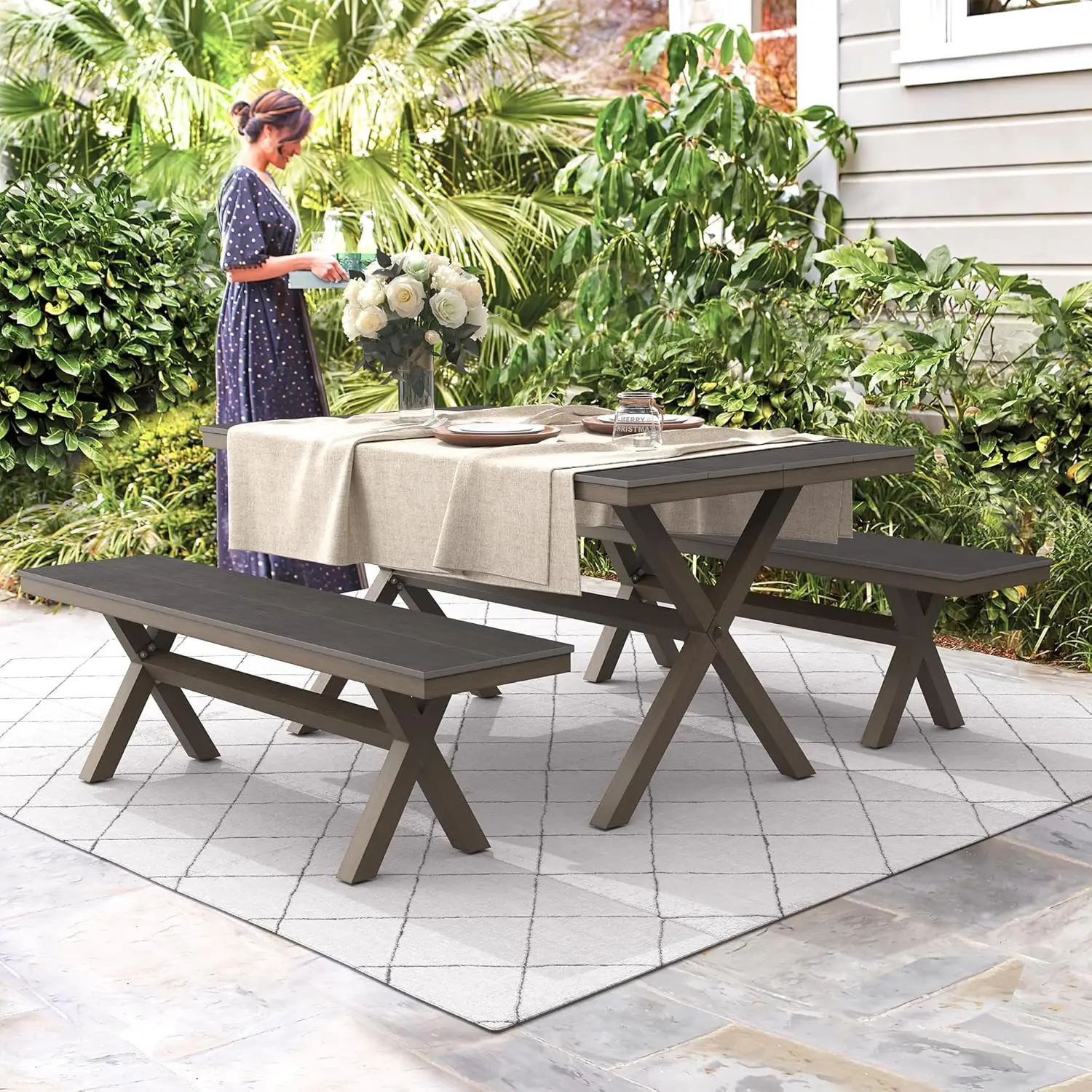 3 Pieces Patio Table Set, HDPS and Aluminum Material, Outdoor Dining Table Set with 2 Benches, Weather Resistant