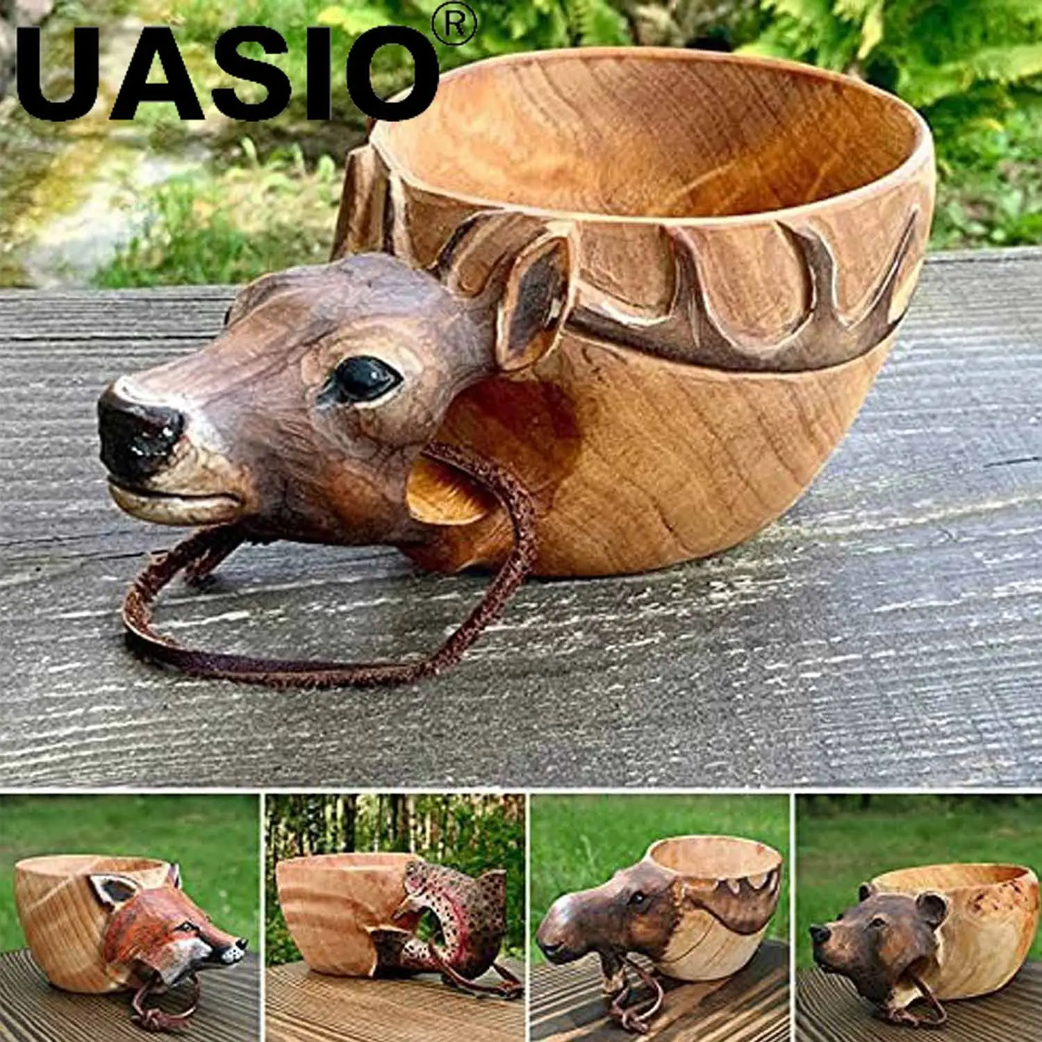 Wooden Mug Hand Carved Portable Animals Head Tortoiseshell Outdoor Finland Kuksa Guksi Handmade Fox Mug Milk Coffee Beer Cups