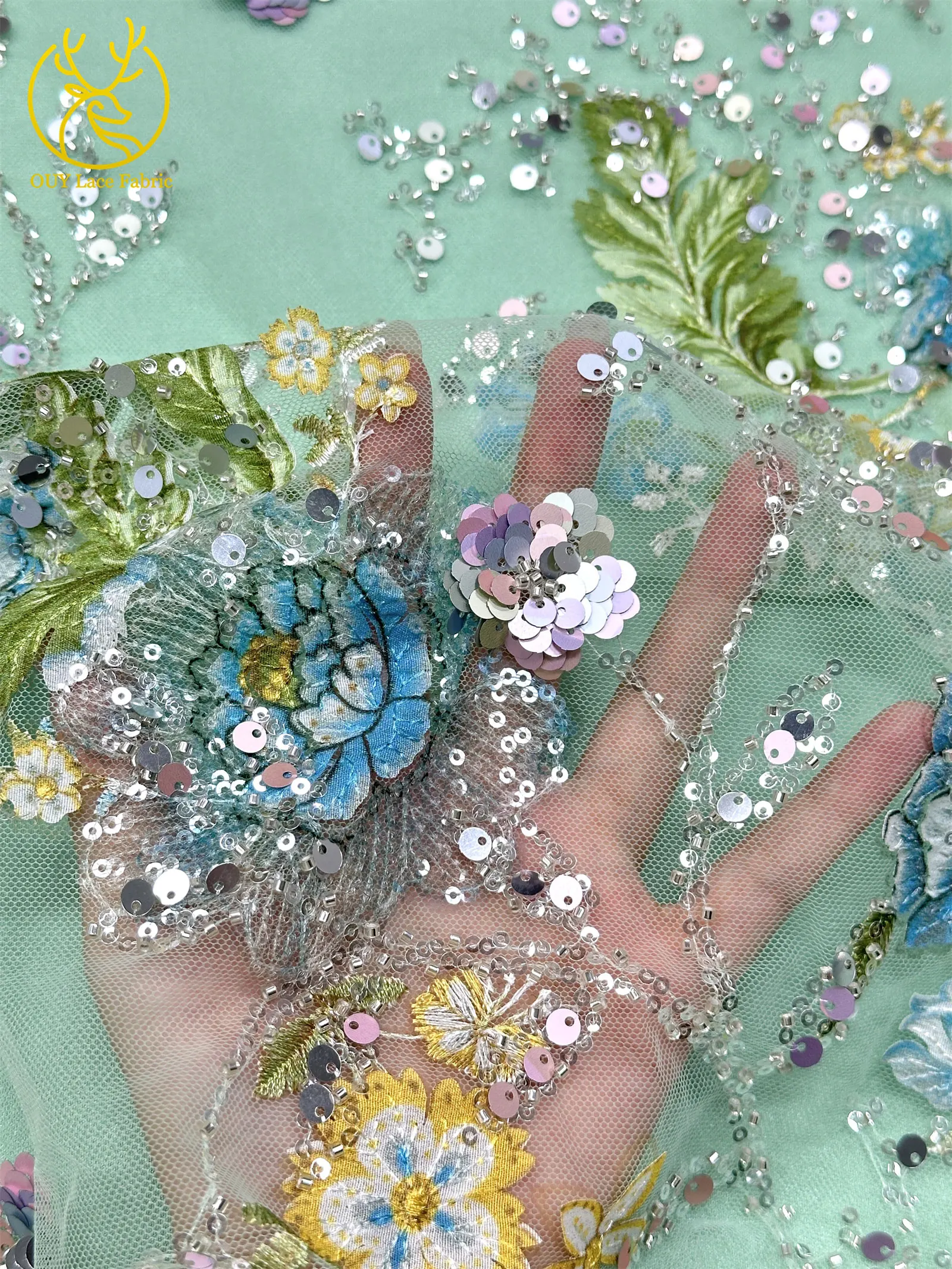 Elegante DIY handgemachte Stickerei-Blumenspitze, afrikanische Perlen-Spitze, französische Pailletten-Tüllspitze für Hochzeitskleid-Design – Detail 15
