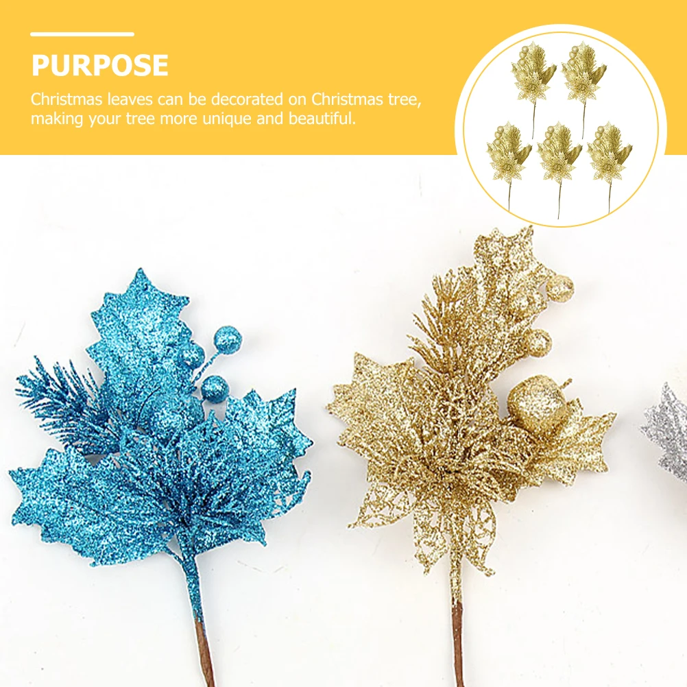

5 Pcs Christmas Cuttings Tree Decoration Decorations Glitter Leaves Artificial Stems Picks