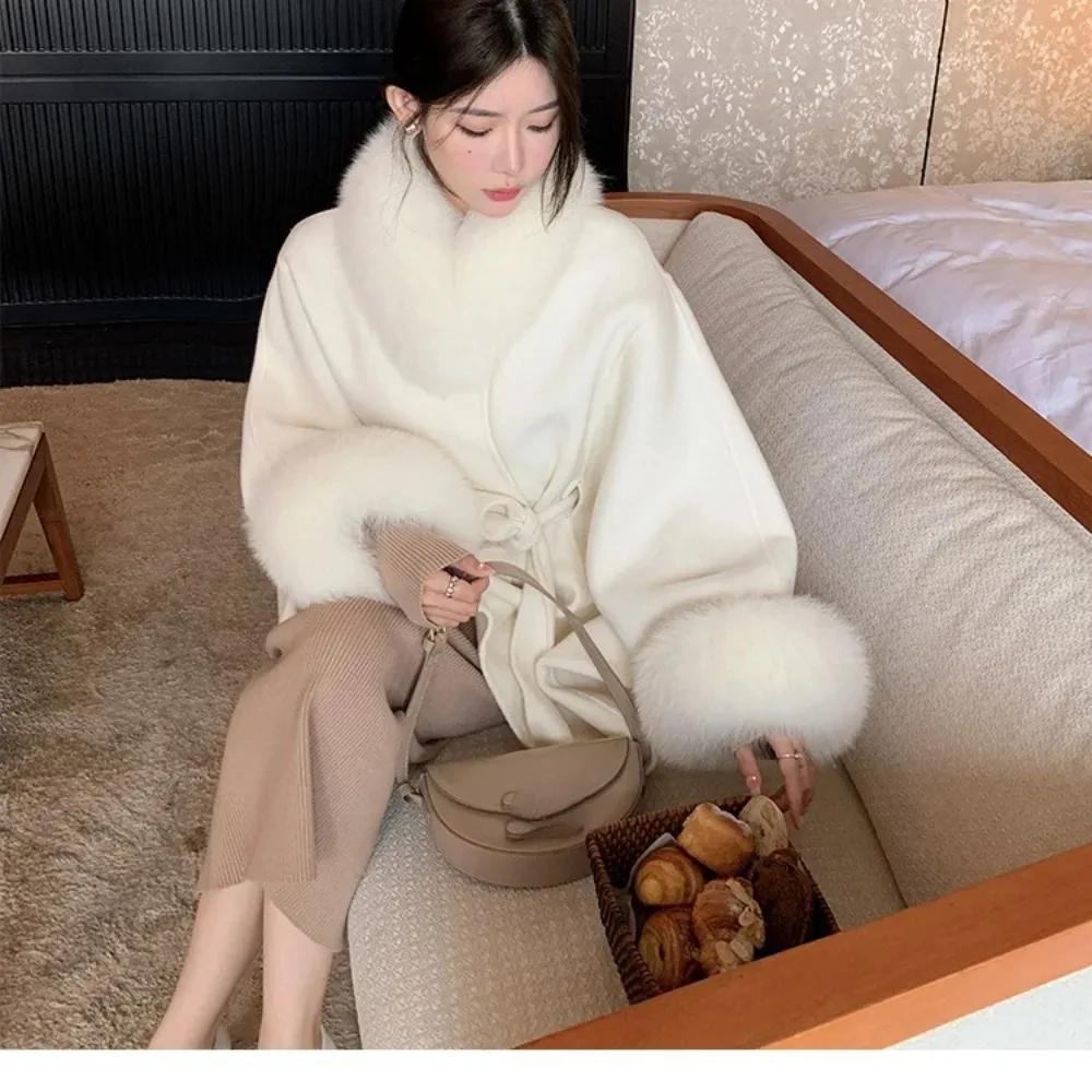 

Elegant Real Fox Fur Collar Coats Fur Cuffs Double-sided Soft Wool Cloak Woolen Fashion Women Tops Overcoats Autumn Winter New
