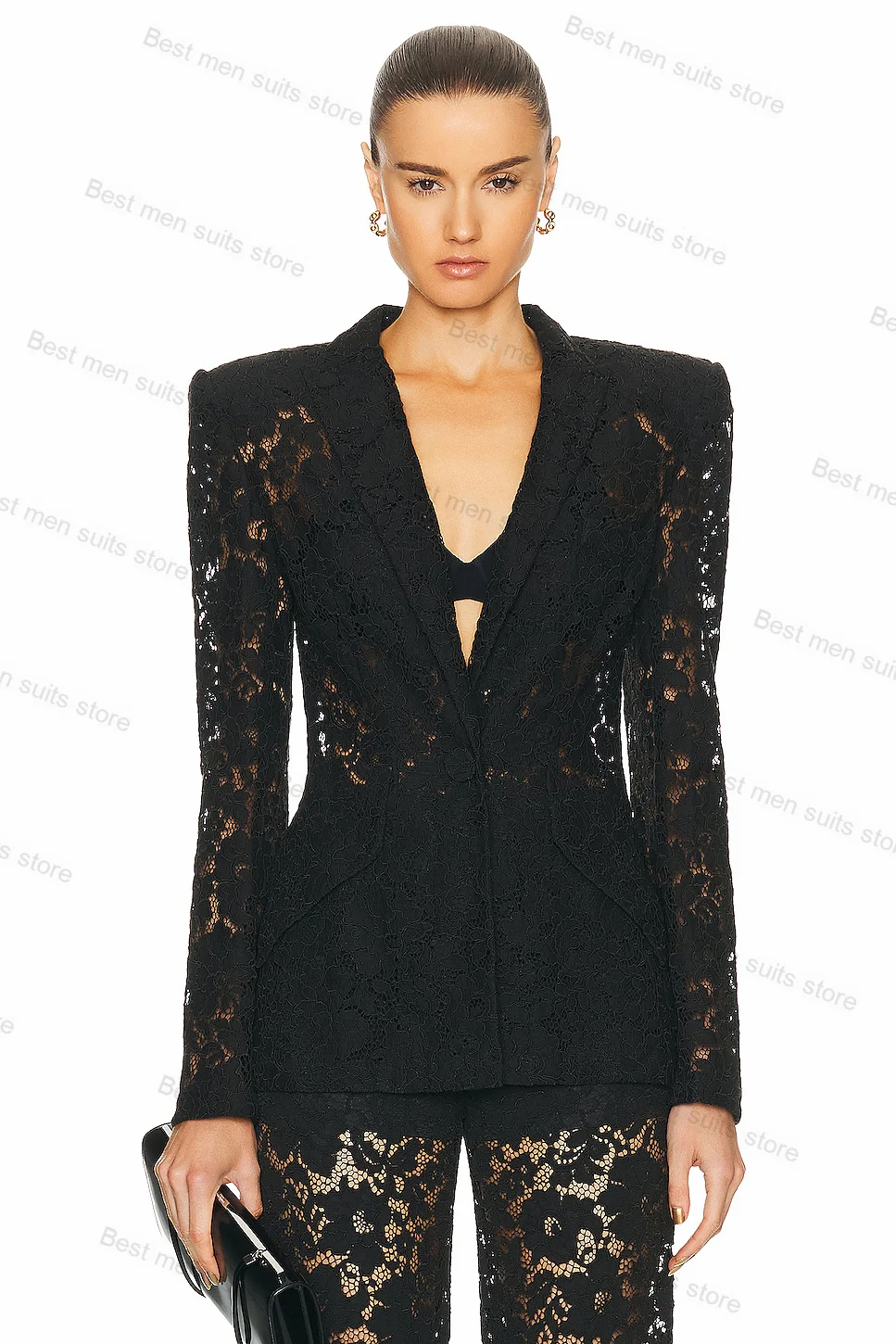 Black Lace Women Suit Set Blazer+Straight Pants 2 Piece See Through Wedding Tuxedo Party Jacket Tailored Formal Office Lady Coat