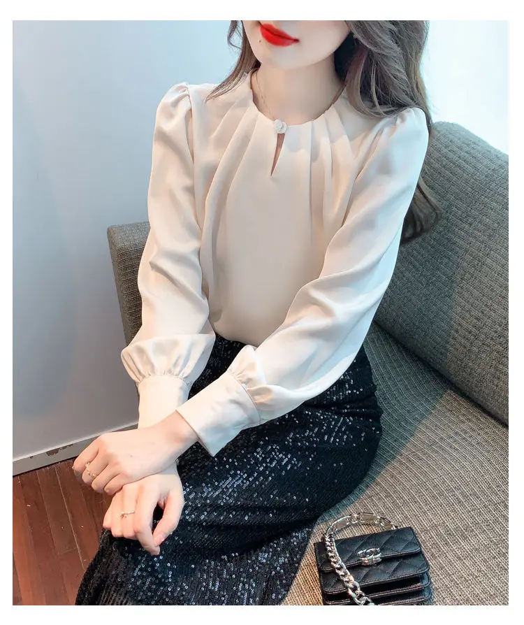 New Long Sleeved Chiffon Women\'s Top Stylish Small Shirt Base Shirt Loose and Slimming Shirt Belly Covering Shirt