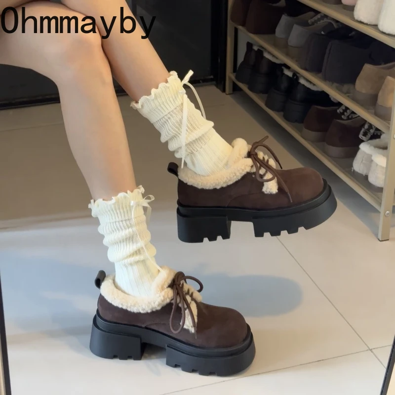 

Vintage Women Fur Lining Pumps Shoes Comfrot Short Plush Lace Up Snow Shoes College Style Dress Thick Sole Mary Jane Shoes