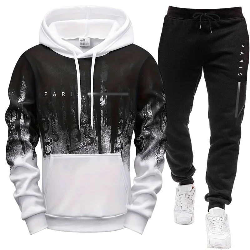 Men's Set/Hoodie/Pants Paris New in Casual Hooded Tracksuit Autumn Winter Daily Sports Fashion Sweatshirt and Sweatpants Outfit view 3