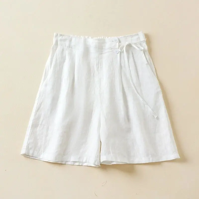 Summer Solid Color Linen Wide Leg Shorts For Women