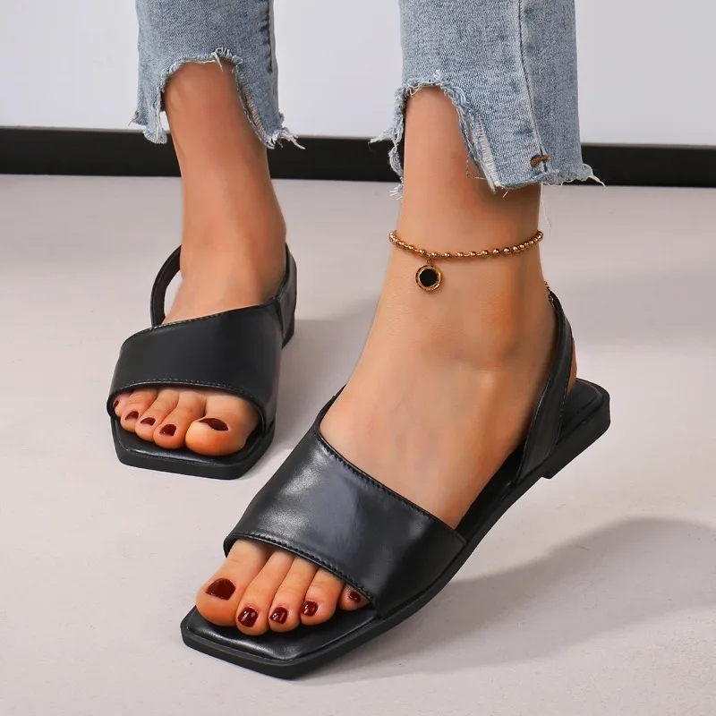Sandal Wanita Ujung Persegi Perak Sandal Wanita Kulit Pu Ringkas Sepatu Kasual Fashion Musim Panas Baru Sandalias Datar Slip On Wanita