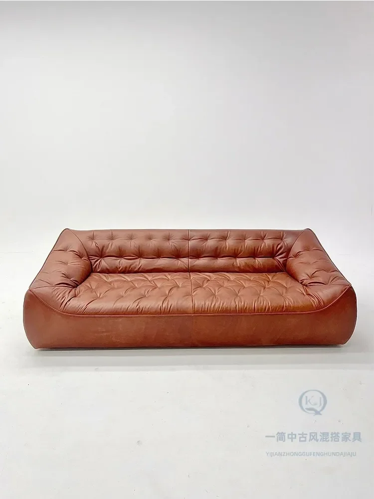 Sofa Oil Wax Leather Straight Row Pull Buckle Retro Caramel Leather Sofa