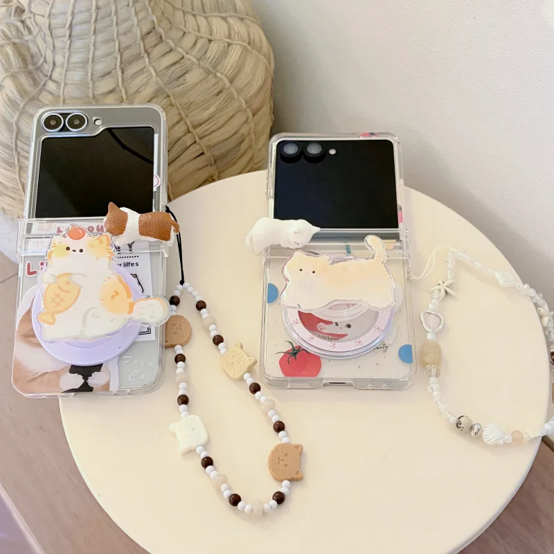 Kawaii 3D Cat Decor Magnetic Stand Phone Cover For Samsung Galaxy Z Flip 8 7 6 5 Z Flip 7 FE With Mixed Beaded Hand Lanyard
