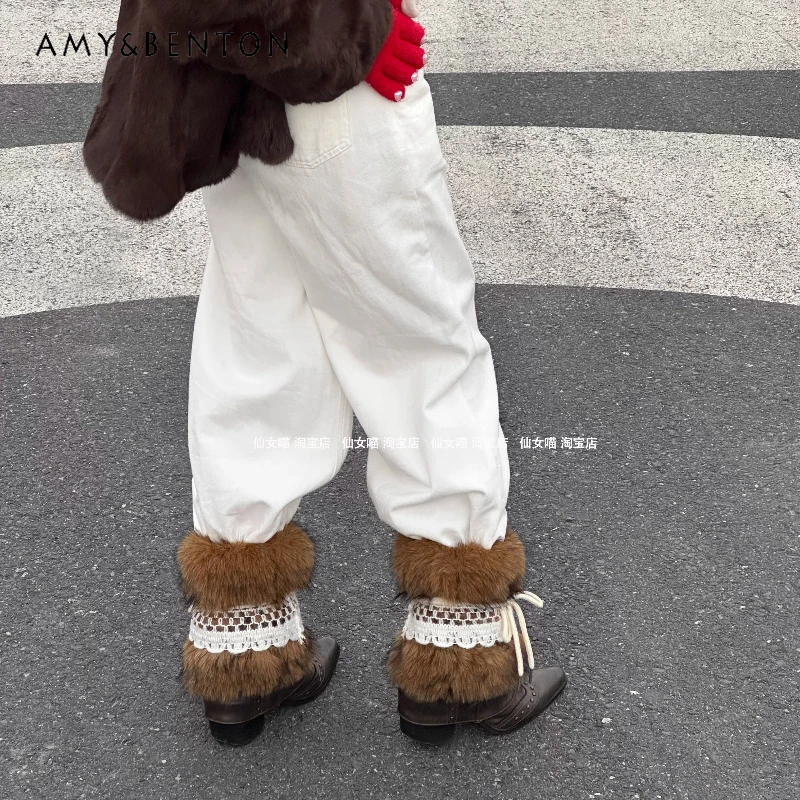 

Винтажные женские гетры из искусственного меха с кружевными вставками и завязками, осень-зима 2025, теплые, пушистые, универсальные, для женщин