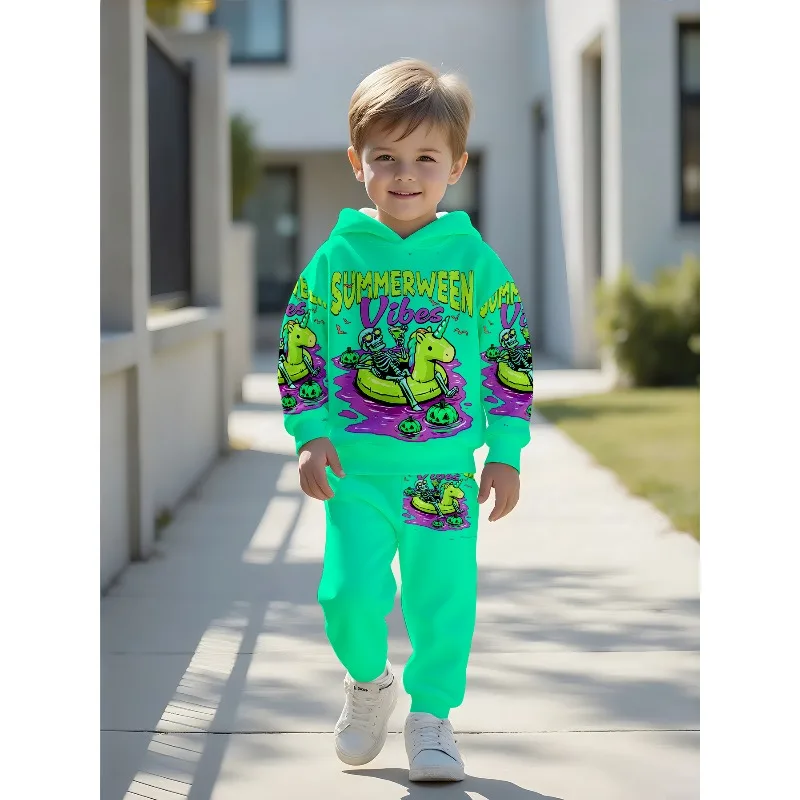 Kids Hoodie Jogger: Summerween Unicorn Skeleton Print, Cute Witch Ghost Graphic, Drip Alien Cat Tracksuit