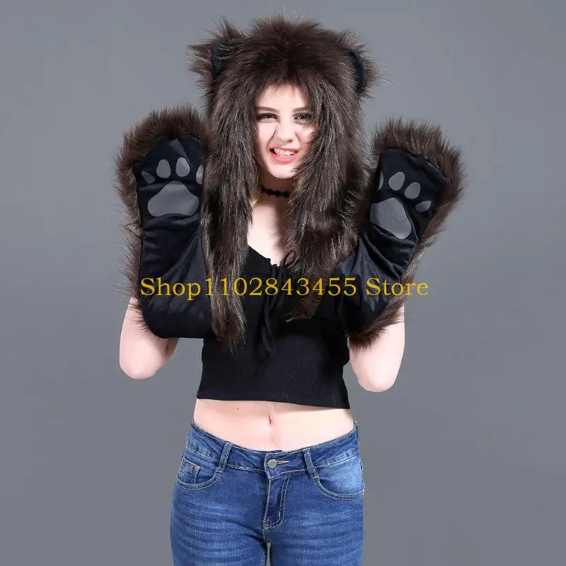 49MC Winter Warm Women Hoodie Gloves Pocket Earflap Hat Long Scarf Shawl Animal Ears Cold Weather Fleece Neck Warmer