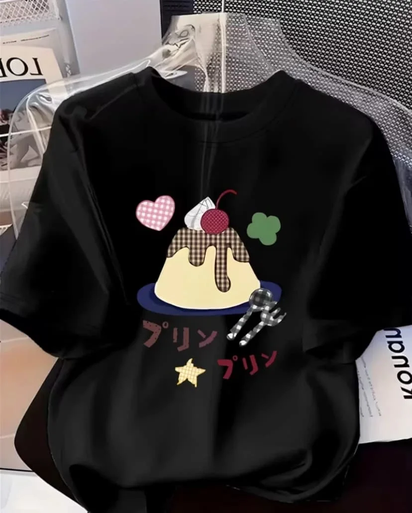 New 2026 Lady Fashion Pudding Printed Women's T-shirt Japanese Unisex Round Neck Comfortable Plus Size Top Casual Homewear