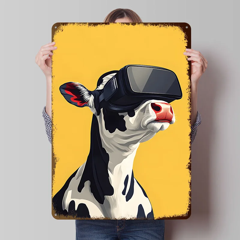 Cow With VR Headset on Yellow Printed Poster Customized Retro Wall Art Vintage Metal Tin Signs for Home Room Accessories Decor