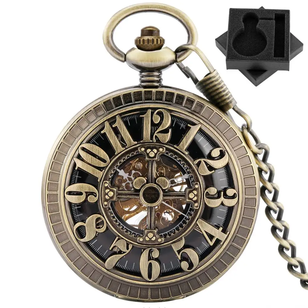 Bronze Hollow Mechanical Hand Winding Pocket Watch Roman/Arabic Numerals Dial Retro Fashion Fob Chain Pendant Timepiece Gift Men