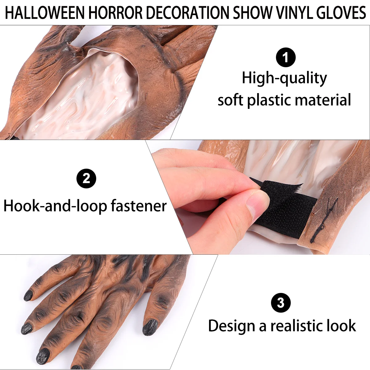 Par de guantes de hombre lobo, accesorios de miedo marrones para Halloween, accesorio para disfraz de Halloween, decoración de vinilo, accesorios para fiesta, guantes