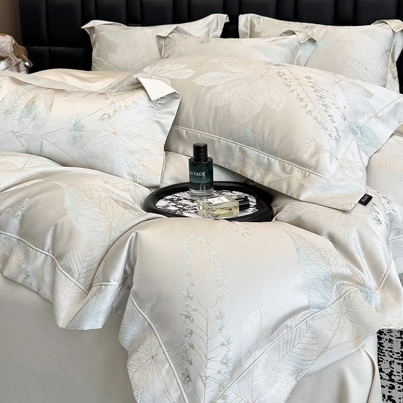 4Pcs Light Luxury Style 100% Cotton 200 Count Long Stand Cotton Gong Satin Duvet Cover 200x230 220x240 Bedding Four Seasons