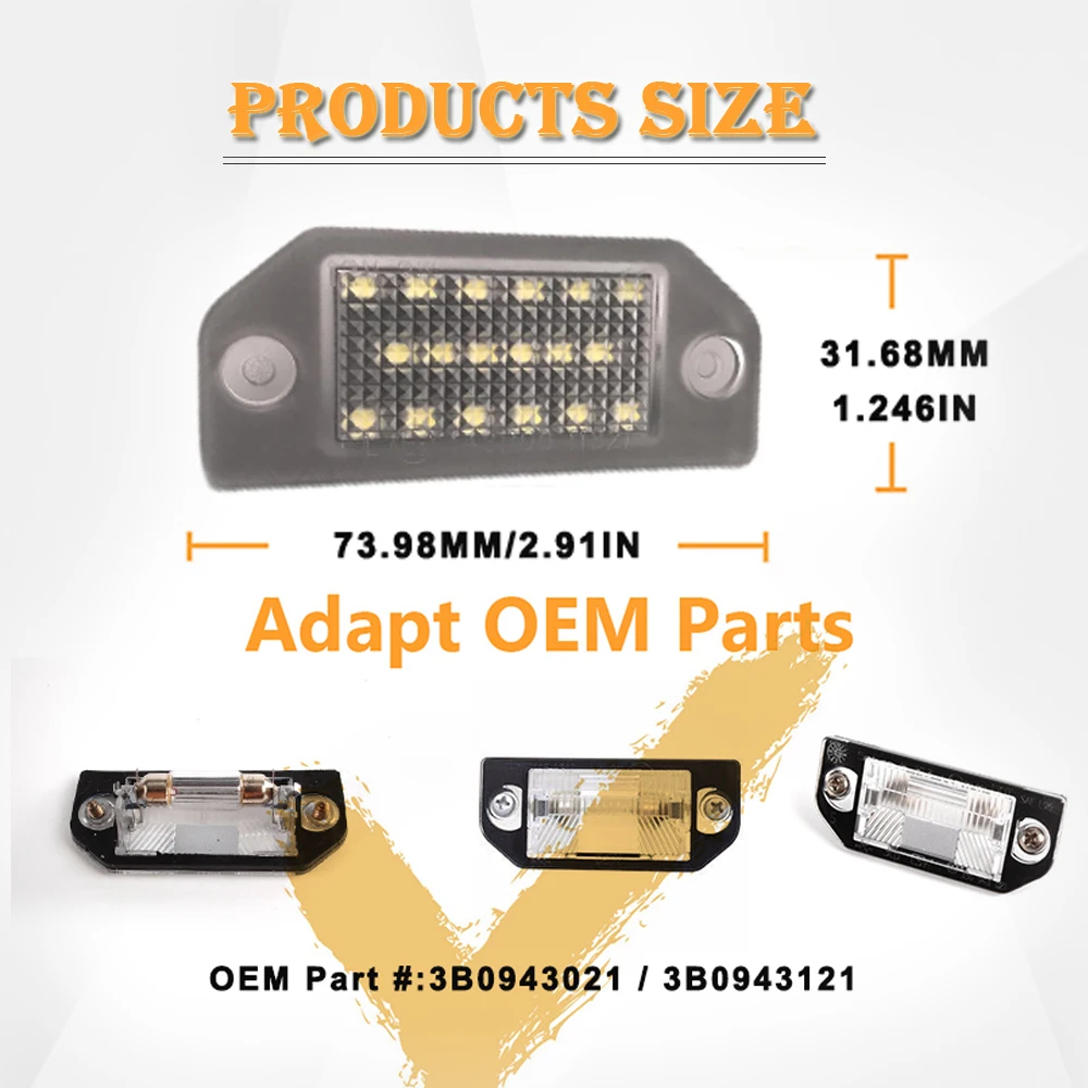 2Pcs Canbus No Error LED License Plate Lights For VW Passat B5 Pre-facelift PASSAT 3B2 Saloon OEM 3B0943121