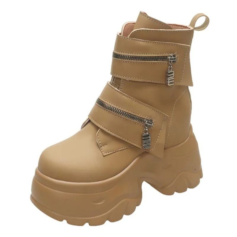 

Женские кожаные ботильоны, осенне-зимние кроссовки на массивном каблуке 9 см, мотоциклетные короткие ботинки на высокой платформе и молнии, женские ботинки 34–39