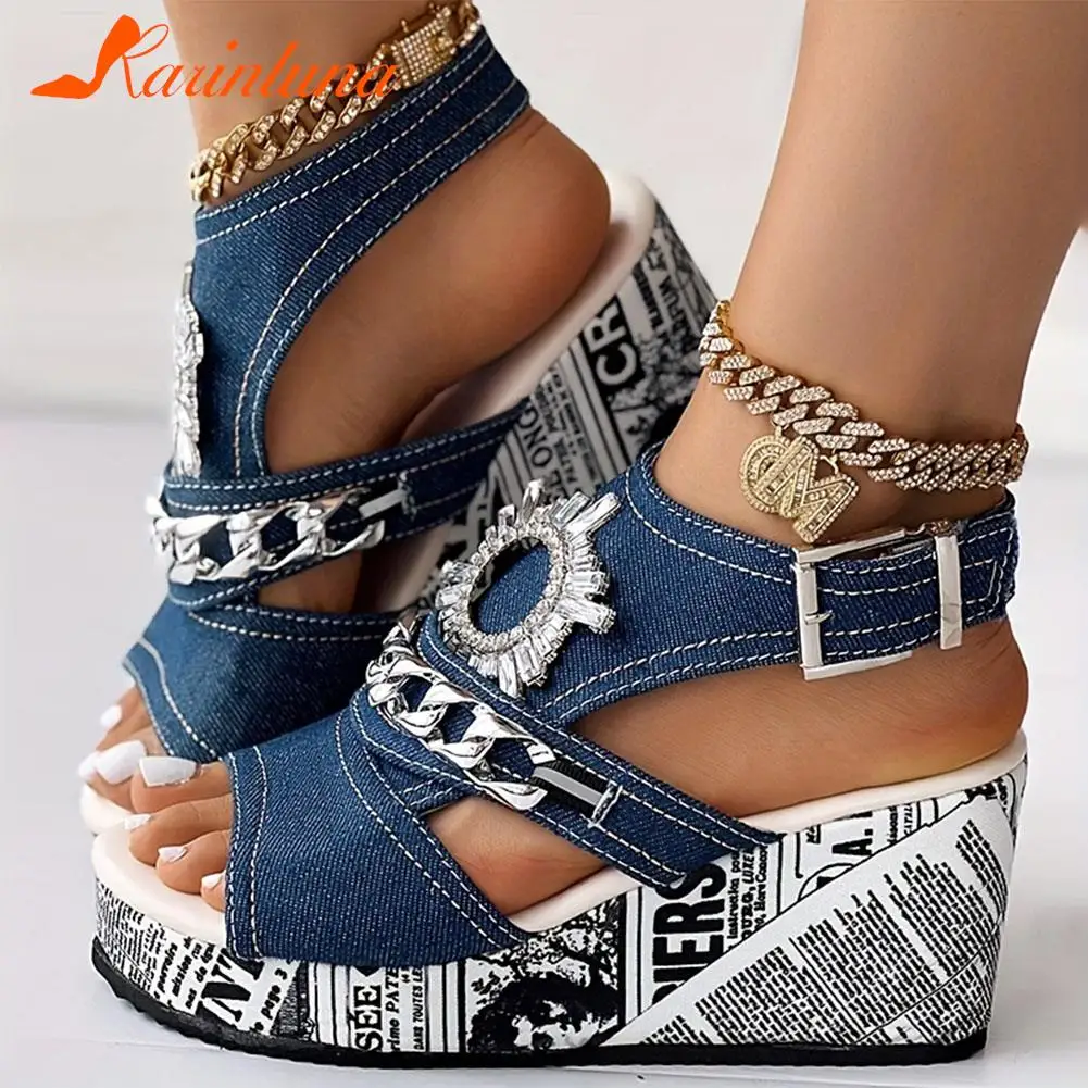 

KarinLuna For Dropship 2023 New Summer Elegant Wedge Slide Sandals For Women Denim Single Band Flatform Sandals Beach Shoes