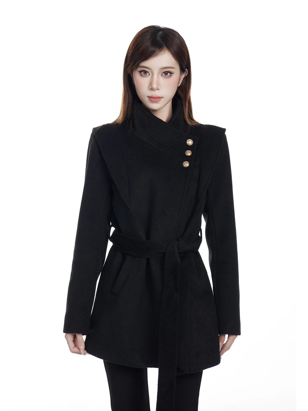 

Черное шерстяное пальто женское средней длины с эффектом утяжки талии, теплое, модное, в корейском стиле, утолщенное, зимняя верхняя одежда