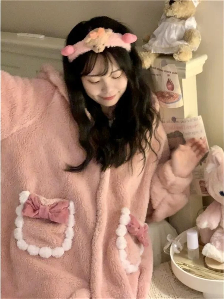 Coral Fleece Robes Women Winter Warm Sweet Cozy Hooded Sleepwear Fluffy Plus Velvet Thicker Aesthetic Girlish Home Korean Style