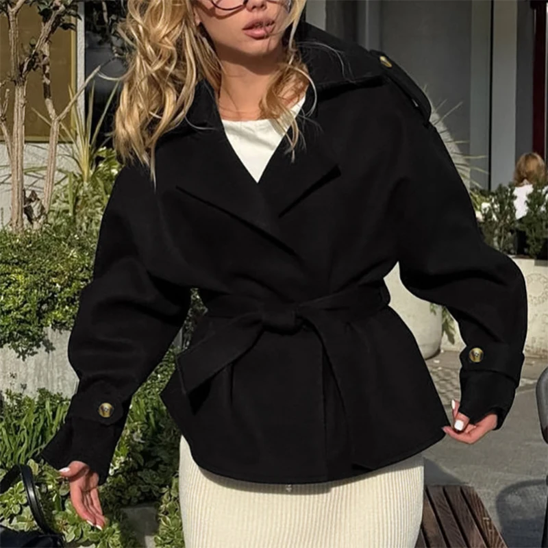 Trendix-Chaqueta Vintage con cordones para mujer, cárdigan ajustado de manga larga con solapa lisa, prendas de vestir exteriores, gabardinas con cinturón para ir al trabajo en la oficina