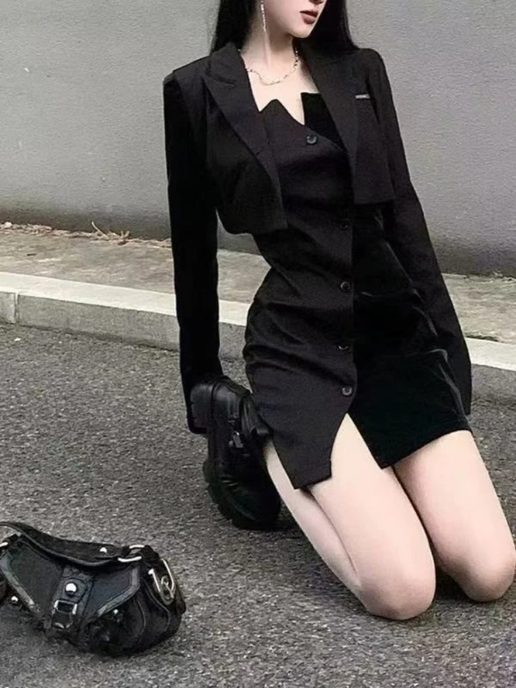 ハロウィン ゴシック ダークドレスセット レディース セクシー ブラック イレギュラー ミニドレス + ショートコート パンク グランジ ヴィンテージ パーティー Y2K スーツ 秋