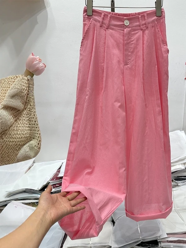

Loose Cotton Linen Wide Leg Pants Women's plus Size Faionable Pure Color Straight Casual Trousers High Waist Long Pants
