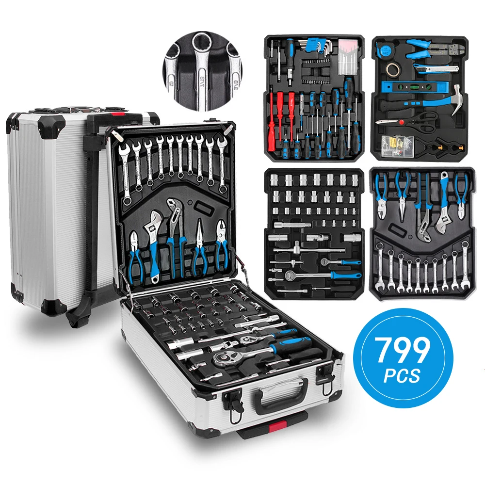 799Pcs Professional Car Repair Hand Tool Kit, 24 Teeth Ratchet Socket Wrench Mechanical Tool Set