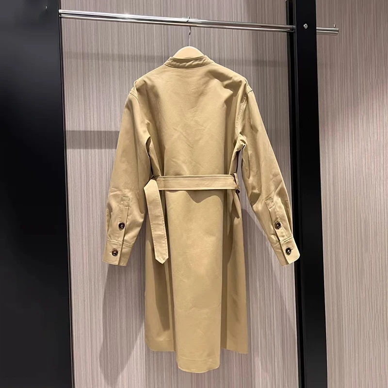 Women\'s Standing Collar Irregular Open Button Design Trench Dress, Tie Waist Dress, High Quality Coat Jacket, Fall, New, 2024,