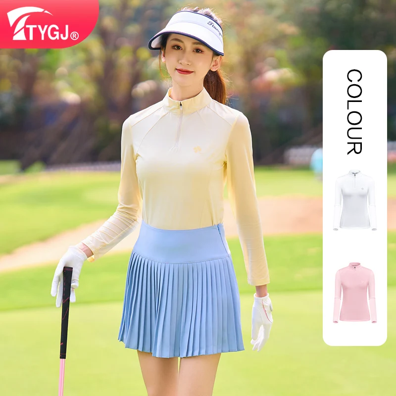 

TTYGJ Women Golf Sports Shirt Fashion Solid Summer Ice Silk Long Sleeve Stand Collar Zip-up Neck Sports Tennis Top Tee Female