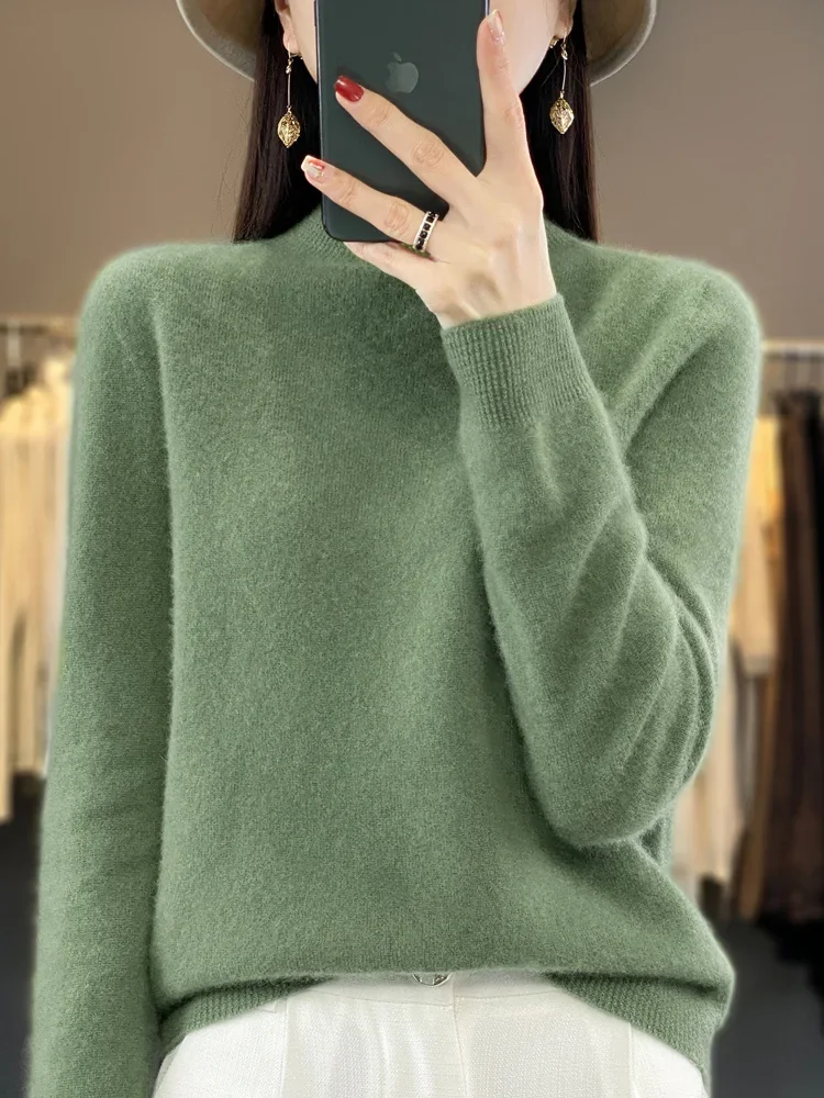 

100% Merino Wool Pullover Sweater Women Mock Neck Long Sleeve Autumn Winter Cashmere Knitted Jumper Korean Fashion Tops B98