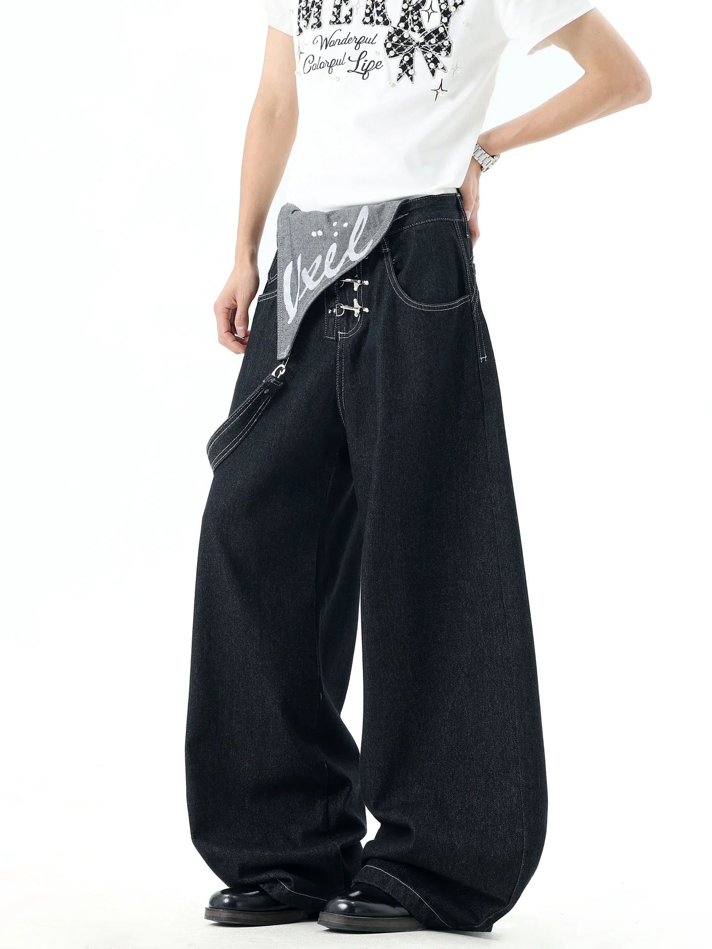 Retro American Denim Knife  Men's Jeans Street Style Loose Wide Leg Aircraft Buckle Baggy Single Shoulder Strap Pants