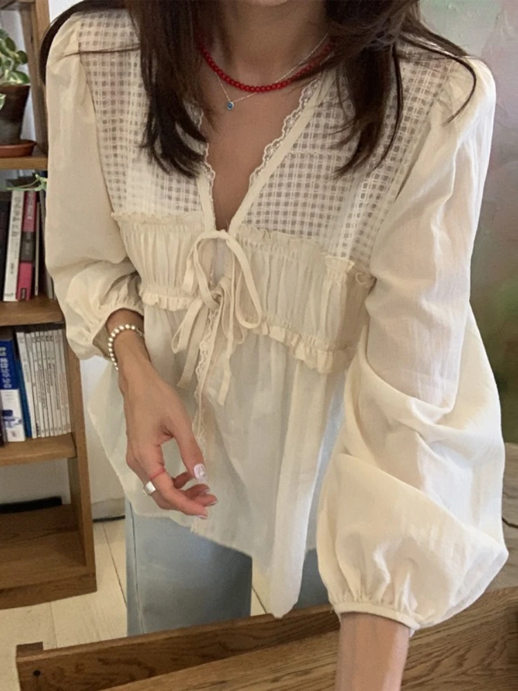 

Korobov Korean Chic Summer V Neck Long Sleeve Solid patchwork Lace-up loose all match Shirts